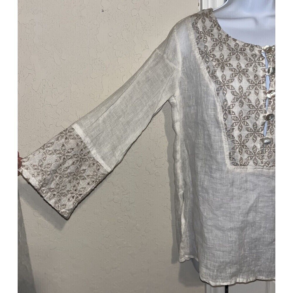 NWT Marilu` (Small) Linen Top Sheer Italy White Embroidered Slit Tunic Button - Picture 5 of 14